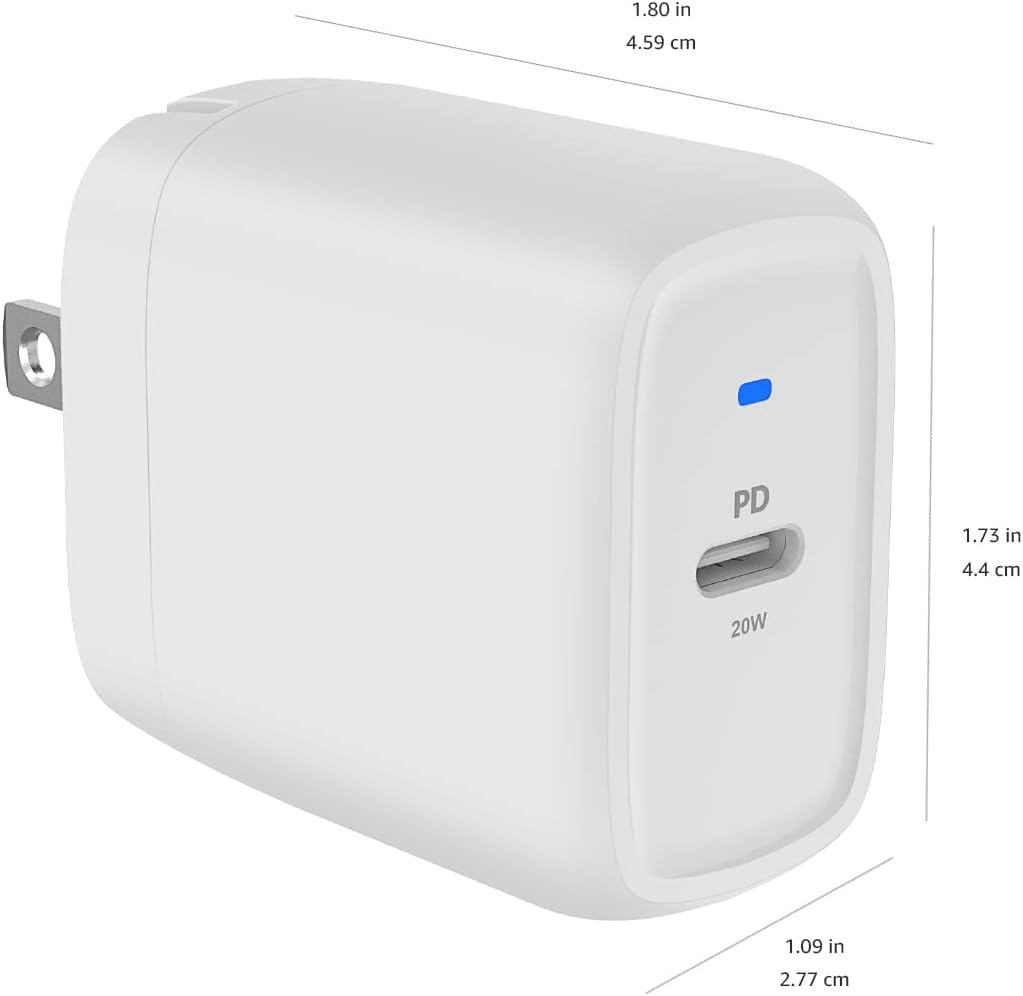 Amazon Basics 20W One-Port USB-C Wall Charger with Power Delivery PD for Tablets & Phones (iPhone 16/15/14/13/12/11/X, iPad, Samsung, and more), non-PPS, 1.81 x 1.73 x 1.09 inches, White