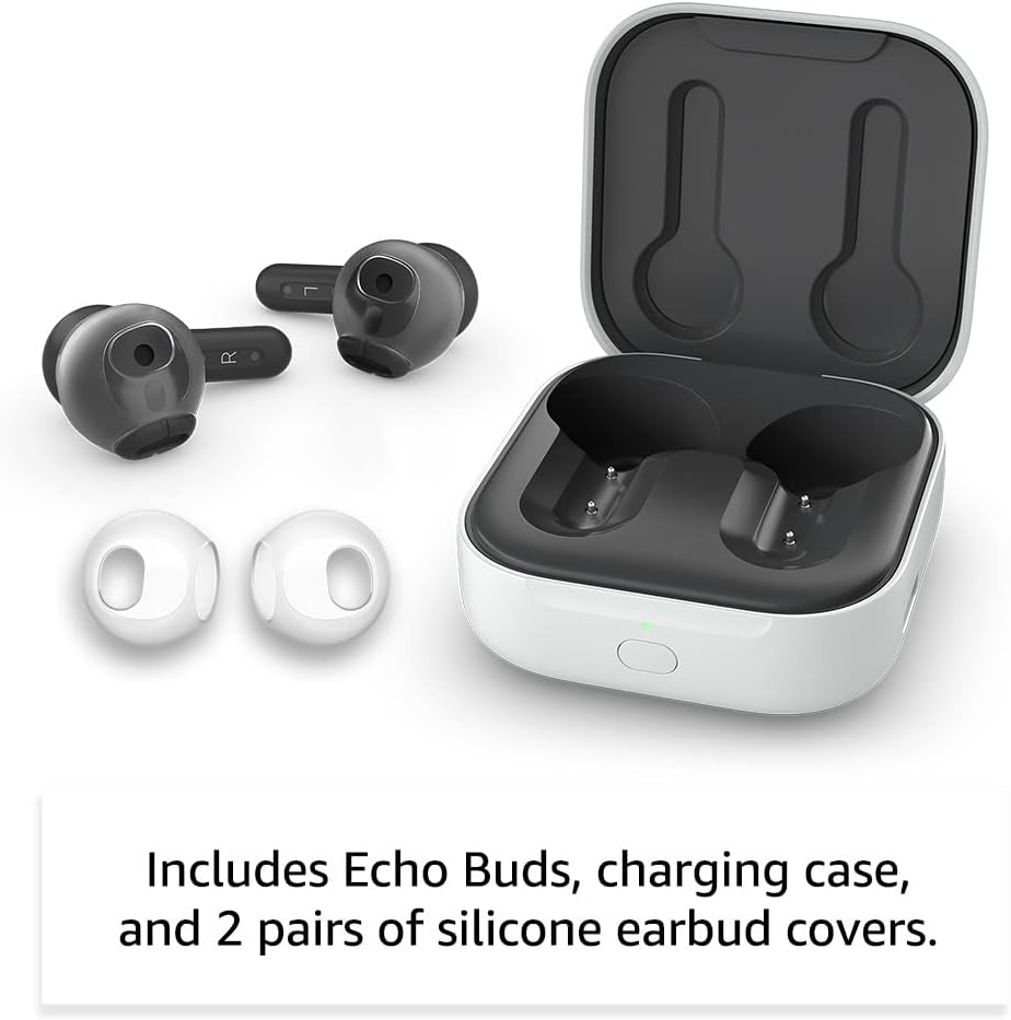 Amazon Echo Buds (newest model), True Wireless Bluetooth 5.2 Earbuds with Alexa, audio personalization, multipoint, 20H battery with charging case, fast charging, sweat resistant, Black