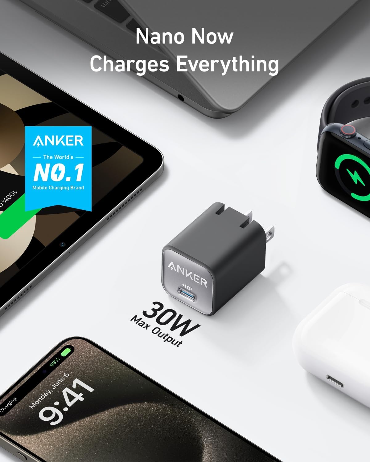 Anker Nano Charger, USB C GaN Charger 30W, PIQ 3.0 Foldable PPS Fast Charger for iPhone 16/15 and More Series, Galaxy, iPad, Compatible with MagSafe