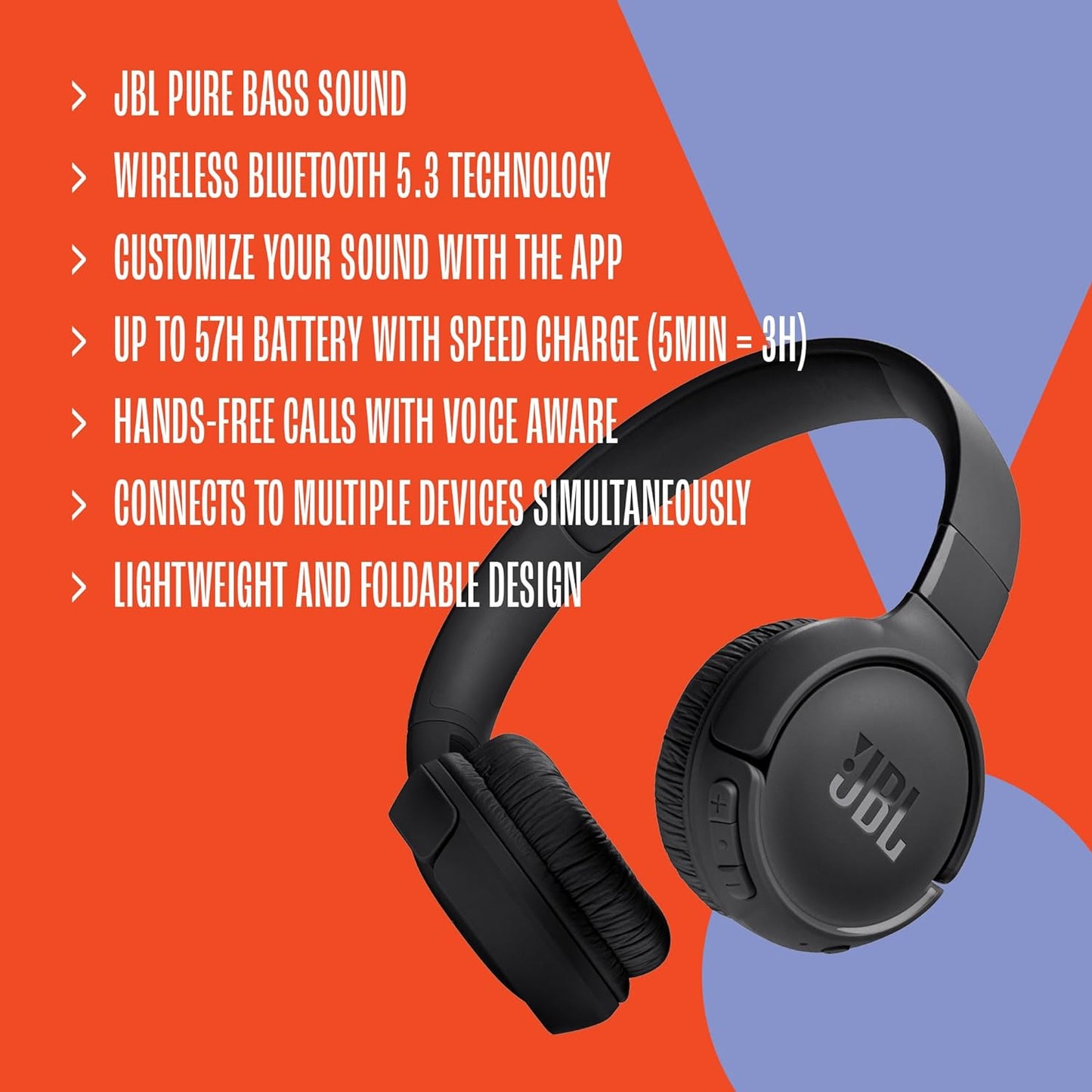 JBL Tune 520BT - Wireless On-Ear Headphones, Up to 57H Battery Life and Speed Charge, Lightweight, Comfortable and Foldable Design, Hands-Free Calls with Voice Aware (Black)